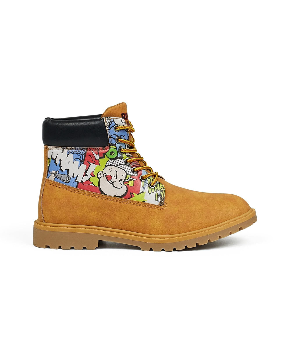 Popeye X Reason Collab Faux Suede Comic Print Boots - Tan