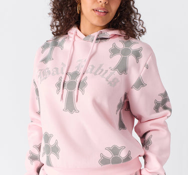 Women Bad Habits Rhinestones Cropped Hoodie - Pink