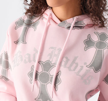 Women Bad Habits Rhinestones Cropped Hoodie - Pink