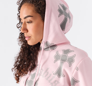 Women Bad Habits Rhinestones Cropped Hoodie - Pink