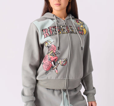 Women Rebellion Cropped Zip Up Hoodie - Grey