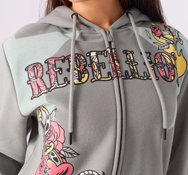 Women Rebellion Cropped Zip Up Hoodie - Grey
