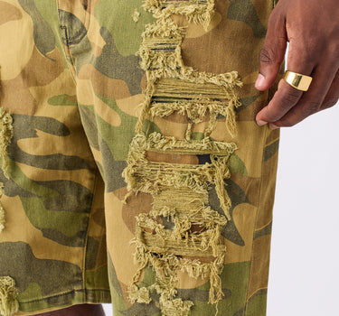 Destroyed Denim Shorts - Camo
