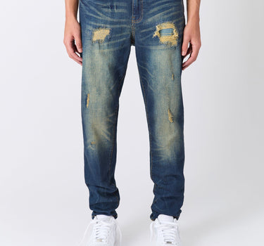 Indigo Washed Tint Rip And Repair Denim Pants - Dark Blue