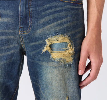 Indigo Washed Tint Rip And Repair Denim Pants - Dark Blue