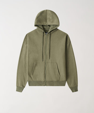 Essential Heavyweight Fleece Baggy Fit Comfy Zip Up Hoodie - Olive Green