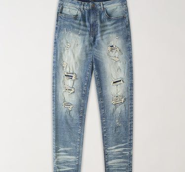 Ripped And Repaired Denim Pants - Blue