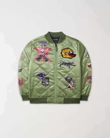 Military Satin Bomber Jacket - Olive Green