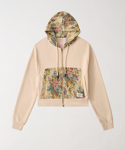 Women Tapestry Zip Up Hoodie - Khaki