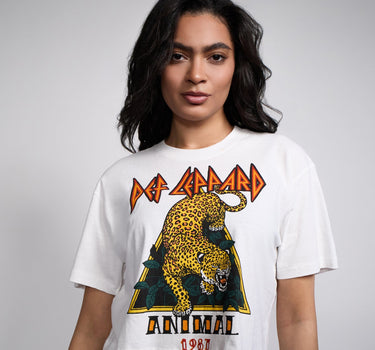 Women Def Leppard Animal 1987 Short Sleeve Crop Tee - White