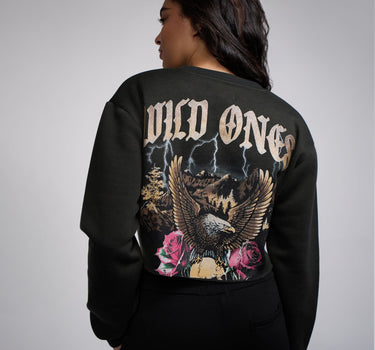 Women Wild One Cropped Crewneck - Black