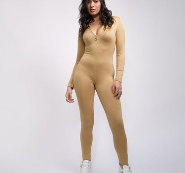 Women Front Zip Long Sleeve Bodysuit - Khaki