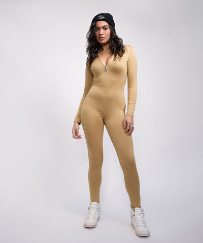 Women Front Zip Long Sleeve Bodysuit - Khaki