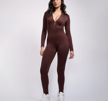 Women Front Zip Long Sleeve Bodysuit - Brown