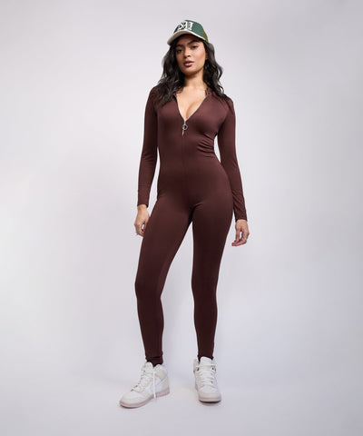 Women Front Zip Long Sleeve Bodysuit - Brown