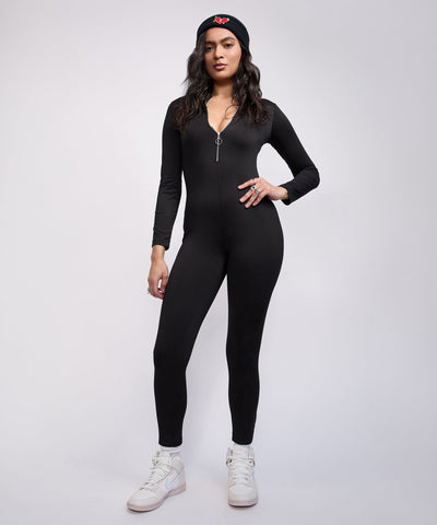 Women Front Zip Long Sleeve Bodysuit - Black