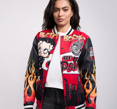 Women Betty Boop Feel The Power Bomber Jacket - Red