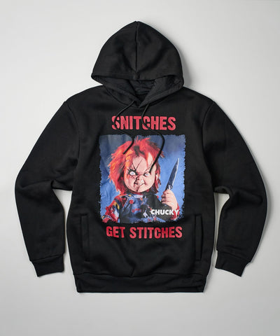 Chucky Snitches Get Stitches Graphic Print Hoodie - Black