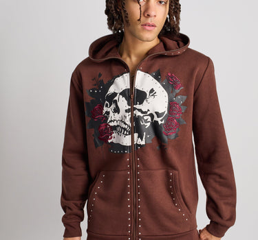 Grind Over Glory Rhinestone Full Zip Hoodie - Brown