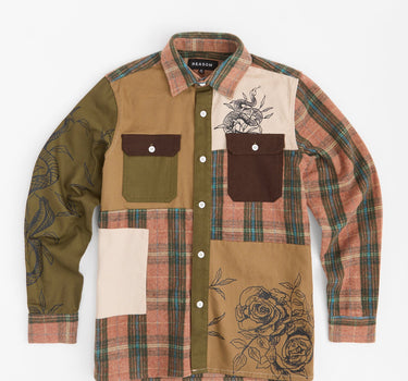 Mixed Material Flannel Long Sleeve Shirt - Brown