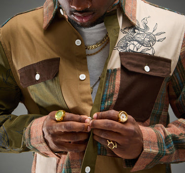 Mixed Material Flannel Long Sleeve Shirt - Brown