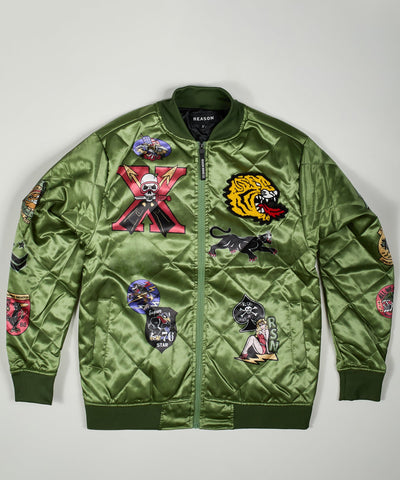 Military Satin Bomber Jacket - Olive Green