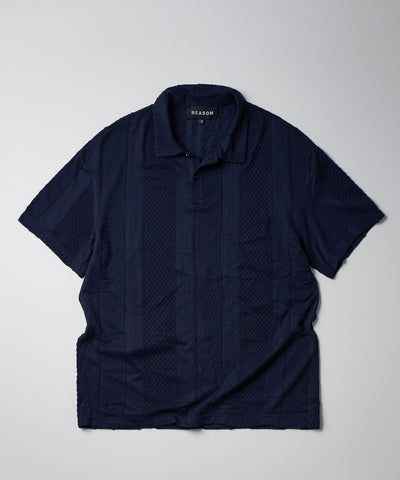 Jacquard Knit Textured Polo Shirt - Navy