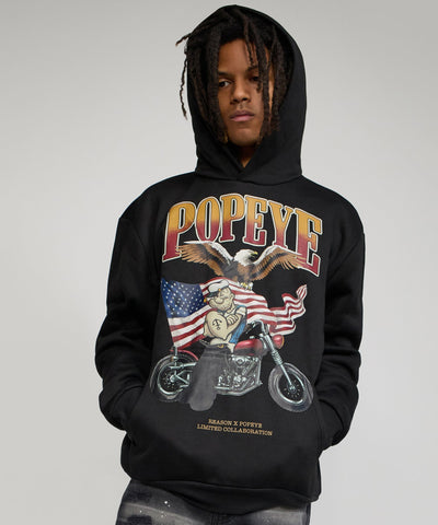 Popeye Biker Graphic Print Hoodie - Black