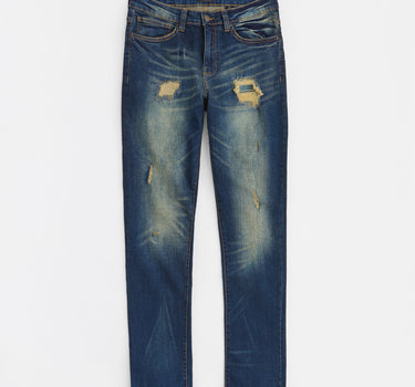 Indigo Washed Tint Rip And Repair Denim Pants - Dark Blue