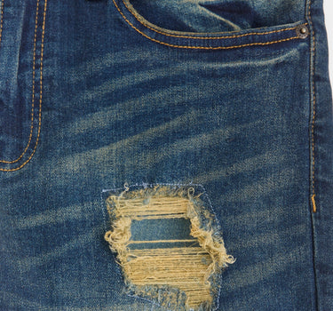 Indigo Washed Tint Rip And Repair Denim Pants - Dark Blue