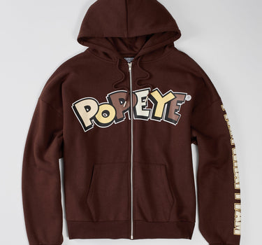 Popeye Full Zip Back Print Hoodie - Brown