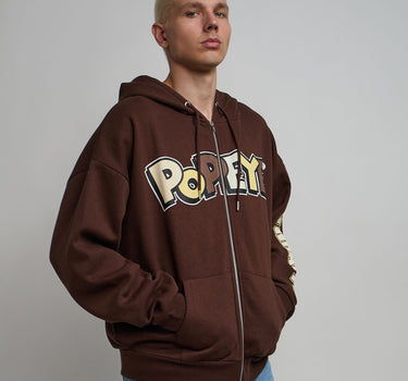 Popeye Full Zip Back Print Hoodie - Brown