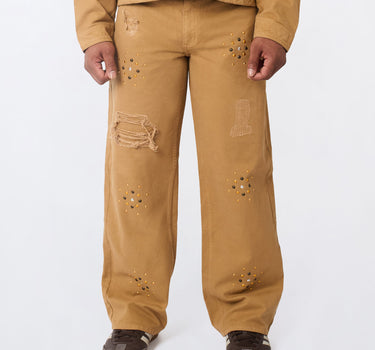 Constellation Studded Distressed Denim Jeans - Khaki