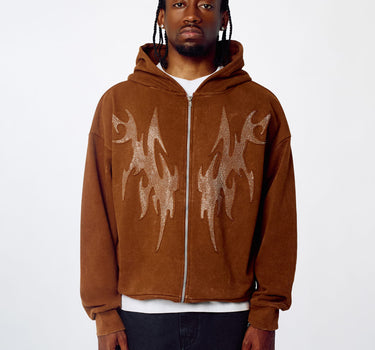 Tribal Rhinestone Zip Up Hoodie - Brown