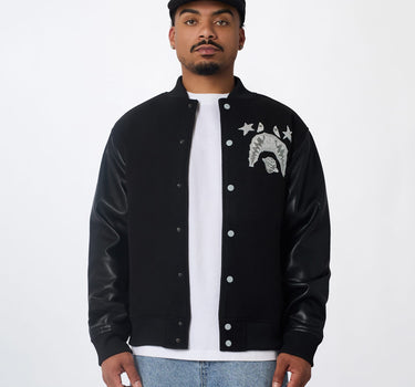 International Rhinestone PU Varsity Jacket - Black