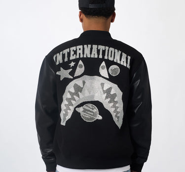 International Rhinestone PU Varsity Jacket - Black