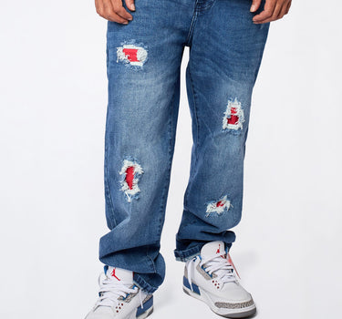 Straight Fit Distressed Denim Pant - Blue