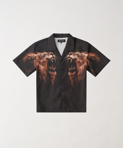 Lion Printed Twill Button Down Shirt - Black