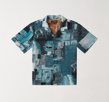 Tapestry Patchwork Textured Button Down Shirt - Blue