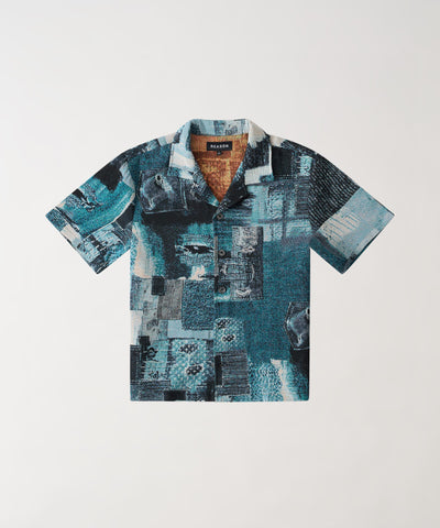 Tapestry Patchwork Textured Button Down Shirt - Blue