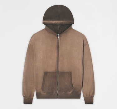 Washed Essential Zip Up Hoodie - Brown
