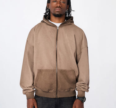 Washed Essential Zip Up Hoodie - Brown