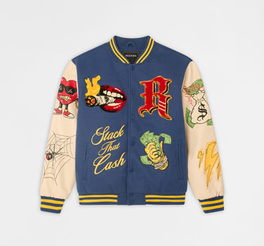 Money Varsity Faux Leather Sleeve Jacket - Blue