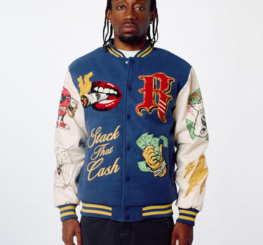 Money Varsity Faux Leather Sleeve Jacket - Blue