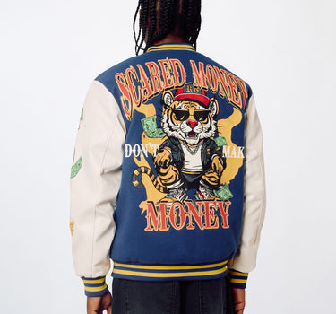 Money Varsity Faux Leather Sleeve Jacket - Blue
