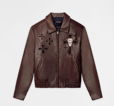 Crossed Faux Leather Chenille Patched Jacket - Dark Brown