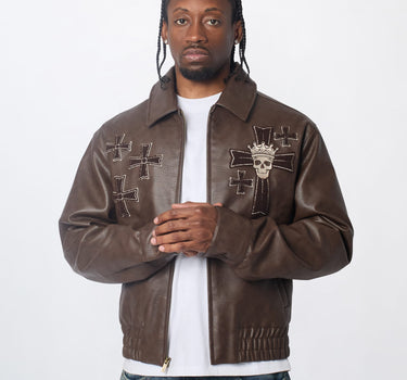Crossed Faux Leather Chenille Patched Jacket - Dark Brown