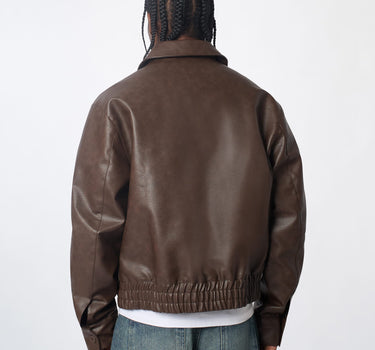 Crossed Faux Leather Chenille Patched Jacket - Dark Brown