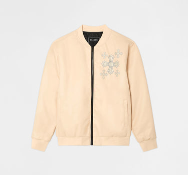 Crossed Faux PU Leather Bomber Jacket - Cream
