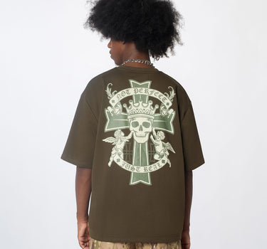 Not Perfect Embroidered French Terry Short Sleeve Tee - Olive Green